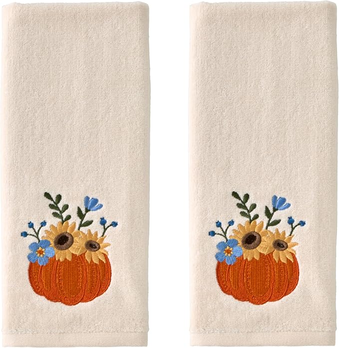 SKL Home Fall/Thanksgiving Pumpkin Bouquet Hand Towel Set-2pc, Natural | 100% Cotton. Soft, embroidered velour. For use in the bathroom, kitchen or bar & gifting.