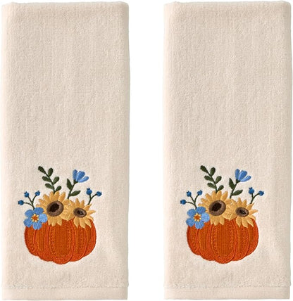 SKL Home Fall/Thanksgiving Pumpkin Bouquet Hand Towel Set-2pc, Natural | 100% Cotton. Soft, embroidered velour. For use in the bathroom, kitchen or bar & gifting.