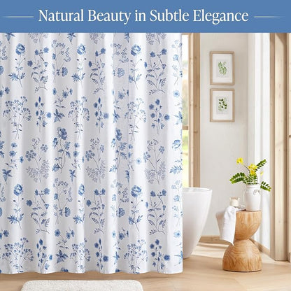 Martha Stewart 100% Cotton Floral Shower Curtain, 72 x 72, Blue | Martha's Garden Series, Botanical Floral Print, Spa Quality Modern, Machine Washable, Modern Bathroom Curtains