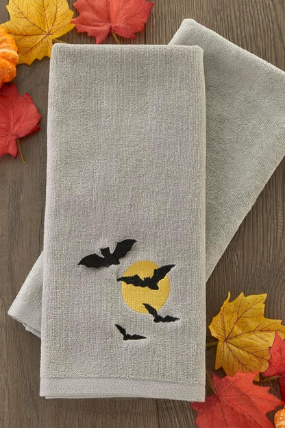 SKL Home Halloween Full Moon Flight Hand Towel Set-2pc, 100% Cotton, Gray | Soft, embroidered velour with 3D applique. Great for the bathroom, kitchen or bar & holiday gifting.