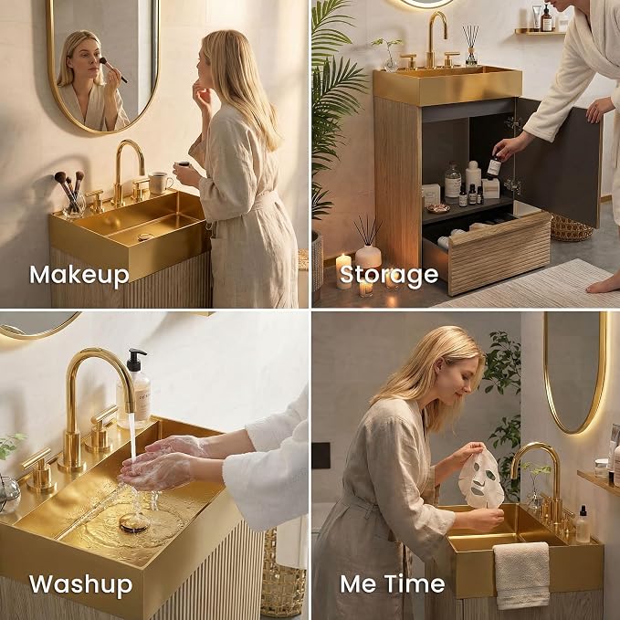20 inch Bathroom Vanity with Golden Metal Sink, Bath Storage Cabinet with Soft-Closing Door and Drawer, Perfect for Small Space, Powder Room, Hotel, Light Oak