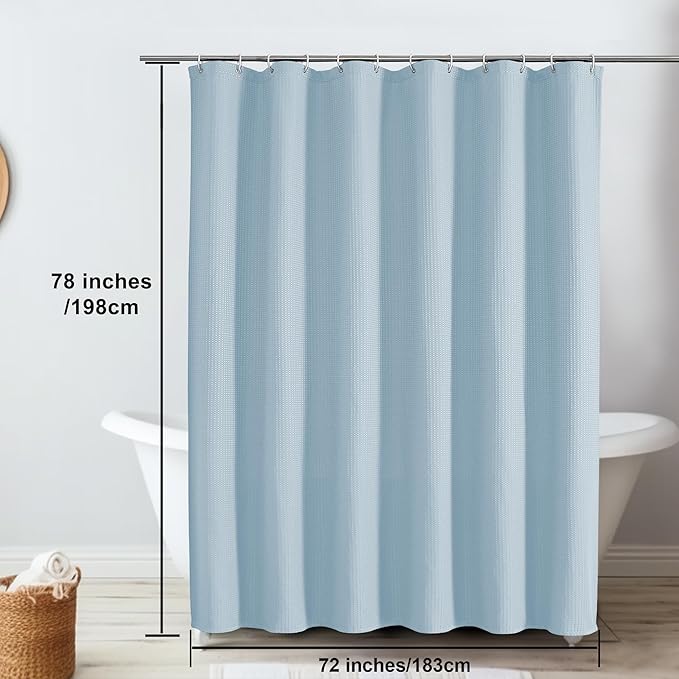 OVZME Long Fabric Shower Curtain Set, Waffle Textured Shower Curtain for Bathroom - Weight 230GSM Heavy Duty Hotel Spa Luxury Bath Curtain Set with 12 Plastic Hooks, 72Wx78L, Glacier Blue