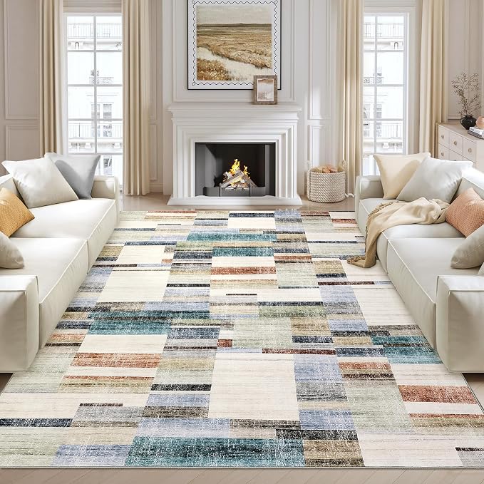 Large Living Room Rugs 8x10 Area Rugs Machine Washable Modern Geometric Neutral Rug Non Slip Low Pile Farmhouse Stain Resistant Carpet for Bedroom Nursery Classroom Dorm 8'x10' Multi