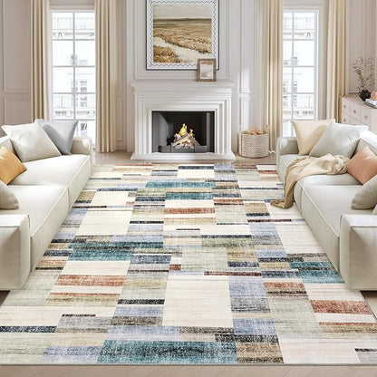 Modern Area Rugs 5x7 Washable Geometric Throw Rugs with Non-Slip Backing, Non-Shedding Contemporary Accent Carpet, Low Pile Floor Cover for Bedroom, Office, Multi-Color