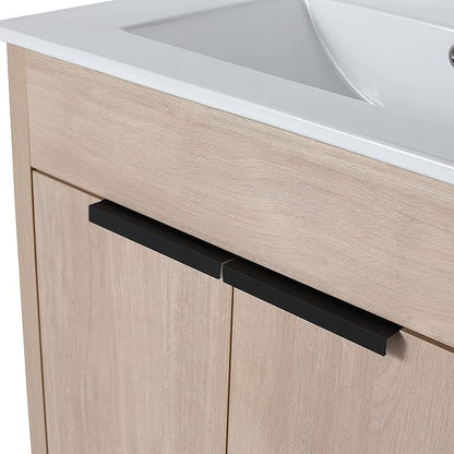 SSLine 24-Inch Bathroom Vanity with Sink Mid-Century Bathroom Vanities with Top Basin Floor Wood Bathroom Sink Cabinet with Soft-Close Doors & Adjustable Storage Shelves (Light Oak)