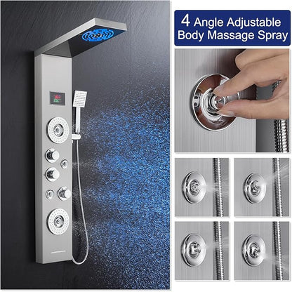 ROVATE LED Shower Panel Tower System with Rainfall and Mist Shower Head, 6-in-1 Shower Panels with Jets and Handheld and Digital Temperature Display, Shower Tower High Pressure with Tub Spout