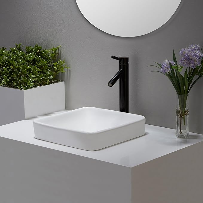 Kraus KCR-281-CH Modern Elavo Ceramic Square Semi-Recessed Bathroom Sink with Overflow and Pop Up Drain, Chrome/White 16.25