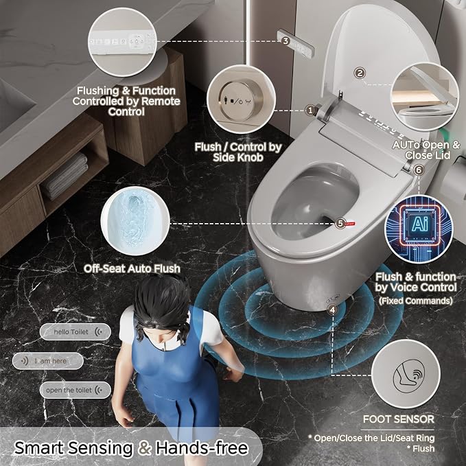 Smart Toilet with Bidet Built In ADA Height 17.7", One Piece Tankless Bidet Toilet with Auto Open Close, Foam Shield, Voice Control Modern Elongated Toilet with Heated Seat, Warm Water & Dryer