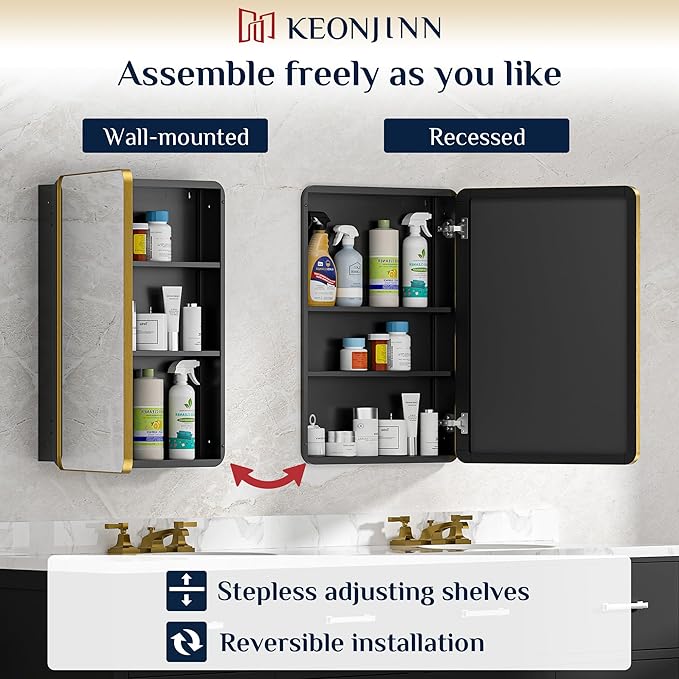 Keonjinn 48 x 32 Inch Large Gold Medicine Cabinets, Recessed Bathroom Medicine Cabinet, Dim Brushed Brass Stainless Steel Framed, Sturdy & Heavy, Stepless Adjustable Shelves, DTC Hinges, Modern