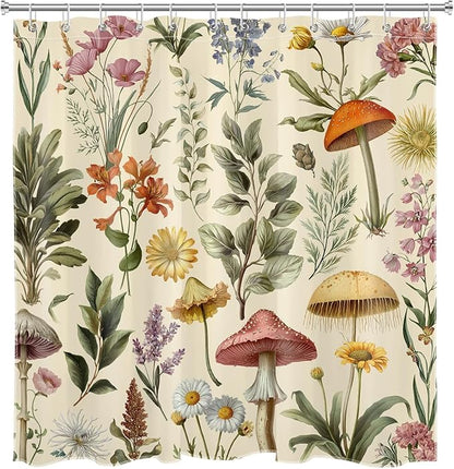 Boho Mushroom Shower Curtain Cottagecore Botanical Floral Bathroom Curtain Beige Retro Nature Plant Farmhouse Bathroom Decor with Hooks, 72W x 72L Inches