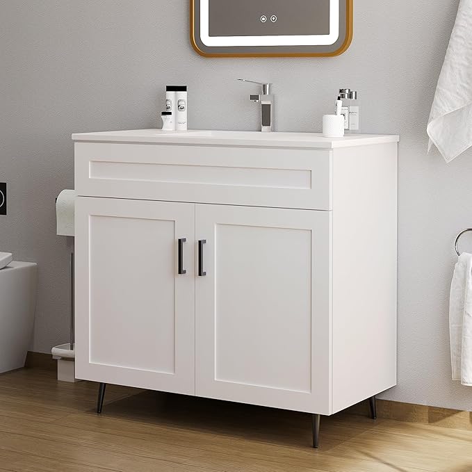 36 Inch Bathroom Vanity with Sink, Modern Wooden Freestanding Bathroom Storage Cabinet with 2 Doors and 1 Drawer, Metal Legs, Painted Surface, White