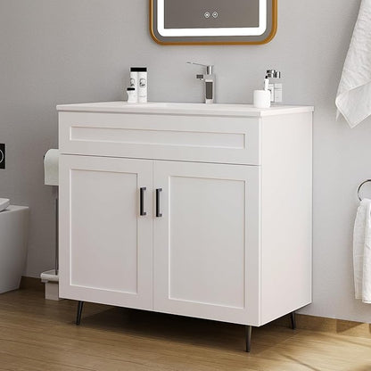 36 Inch Bathroom Vanity with Sink, Modern Wooden Freestanding Bathroom Storage Cabinet with 2 Doors and 1 Drawer, Metal Legs, Painted Surface, White