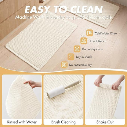 MIULEE Set of 2 Waffle Bathroom Rugs Boho Bath Mat Cream White 20x32 Inch | Non Slip, Super Absorbent, Washable, Ultra Soft, Rubber Backed Bath Rugs for Bathroom Floor Tub Shower