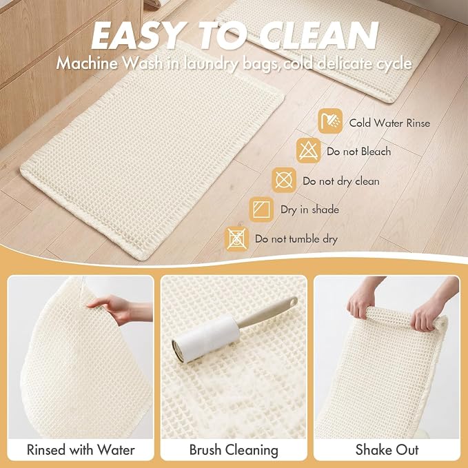 MIULEE Set of 2 Waffle Bathroom Rugs Boho Bath Mat Cream White 18x30 Inch | Non Slip, Super Absorbent, Washable, Ultra Soft, Rubber Backed Bath Rugs for Bathroom Floor Tub Shower