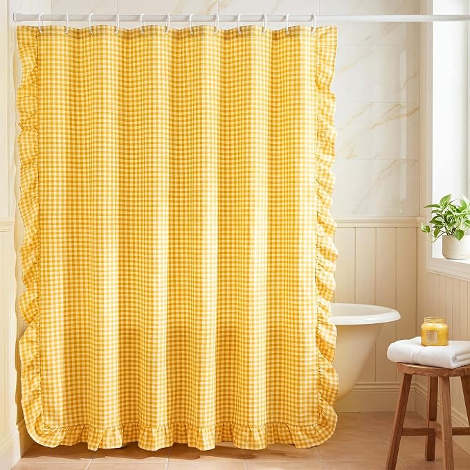 HunnmingRe Ruffled Gingham Shower Curtain Yellow | 72'' x 72'' Vintage Farmhouse Curtain, Cotton Cottage Core Rural Checkered Plaid Decor, Fall Shower Curtain for Bathroom