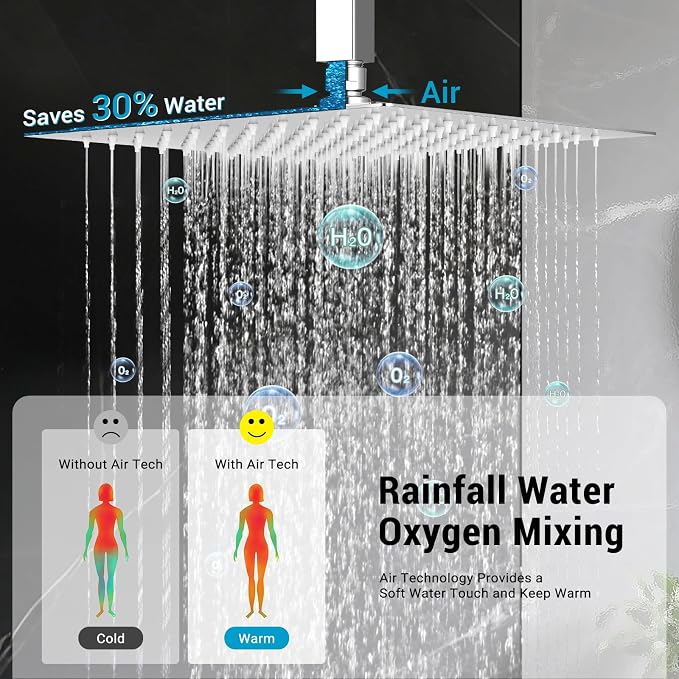 10" Square Ceiling Rain Shower Faucet Set, Chrome | Anti-scald cartridge, air tech boosts pressure 30%, dual spray, NPT 1/2