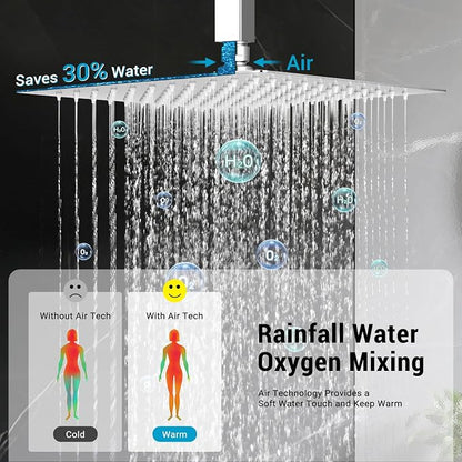 10" Square Ceiling Rain Shower Faucet Set, Chrome | Anti-scald cartridge, air tech boosts pressure 30%, dual spray, NPT 1/2