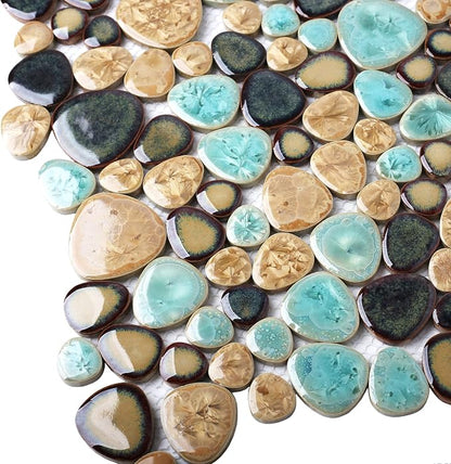 Pebble Porcelain Tile Fambe Turquoise Green Beige Shower Floor Pool Alley Tiles Mosaic TSTGPT005 (5 Square Feet)
