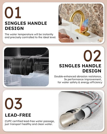 WOWOW Single Handle Bathroom Faucet 1 Hole High Arc Bathroom Basin Faucet Gold with Pop Up Drain, Solid Brass Commercial Bathroom Sink Faucet Basin Vanity Bar Faucet (Patented Product)