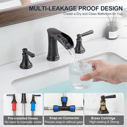 Brass 8 Inch Oil Rubbed Bronze Bathroom Faucet Waterfall Widespread Bathroom Faucets for Sink 3 Hole 2 Handle with Pop up Drain & Pre-Installed cUPC Water Hose for Vanity, 10 Mins Install