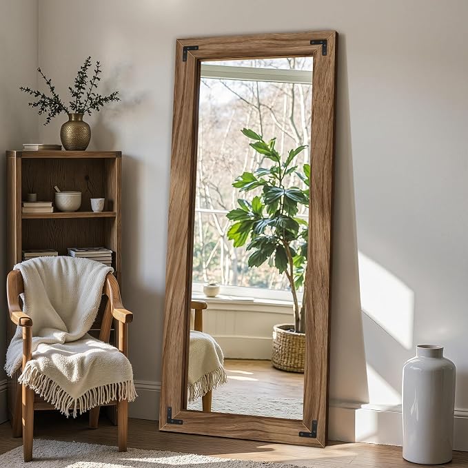 FICTOR Full Length Mirror, 22" x 55" Wooden Floor Mirror for Wall | Solid Wood Frame, Rustic Farmhouse Style, Shatterproof Glass, for Bedroom, Living Room, Entryway Decor, Leaning/Hanging
