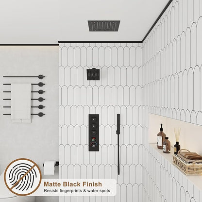 CASAINC Thermostatic Shower System 12" Ceiling-Mounted Rain Shower Head with 6" Shower Head, Smart Shower System with Handheld Spray, LED Light & Music, Water Temperature Display (Matte Black)