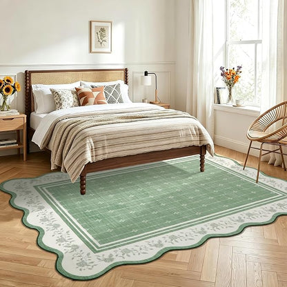 Garvee Large Area Rug Washable 10x13 Scalloped Floral Living Room Rug Green | Soft Non Slip Low Pile Indoor Carpet Stain Resistant Modern Bordered Accent Carpet for Bedroom Nursery Kids Room Office