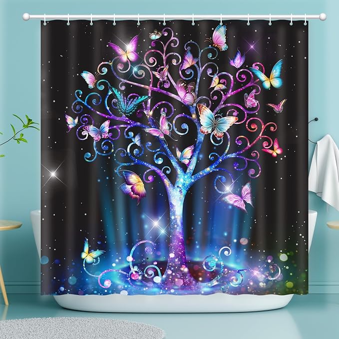 Shower Curtain Butterfly Tree, Shower Curtain for Bathroom, Fluorescence Tree Shower Curtain Sets with 12 Hooks Waterproof Polyester Fabric Machine Washable Home Office Farmhouse Decor Bath Curtains