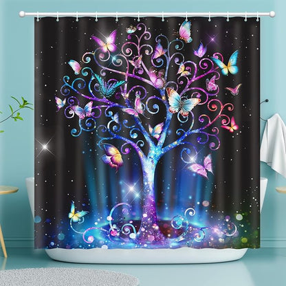 Shower Curtain Butterfly Tree, Shower Curtain for Bathroom, Fluorescence Tree Shower Curtain Sets with 12 Hooks Waterproof Polyester Fabric Machine Washable Home Office Farmhouse Decor Bath Curtains