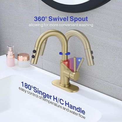 Bathroom Faucet with Sprayer, Brushed Gold Single Hole with Pop-Up Drain | Kablle Single Handle Pull Out 1 or 3 Hole Laundry Bar Basin Faucet with Deck Plate, KBL-7002BG-CL