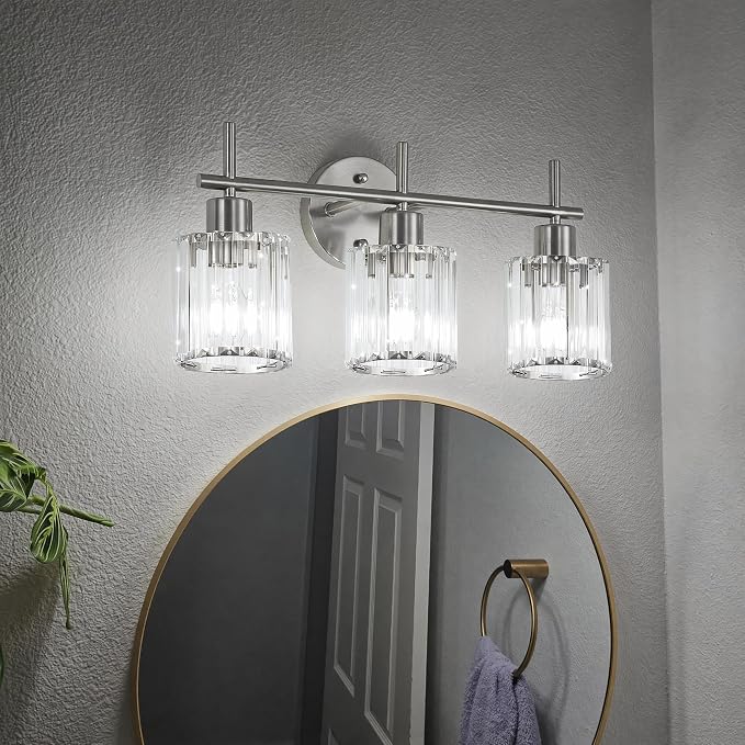 Brushed Nickel 3-Light Crystal Bathroom Vanity Light Fixtures, Round | Vanity Lights for Bathroom, Modern Bathroom Lighting Fixtures over Mirror (Bulbs Not Included, E26)