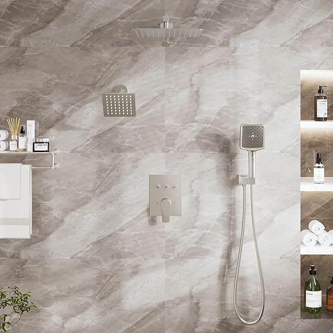 MONDAWE 12 Inch Wall Mounted Brushed Nickel Shower System, 3-Function Shower Faucet Set with Rainfall Dual Shower Head and High Pressure 4-Setting Handheld, All Functions Can be Used At the Same Time