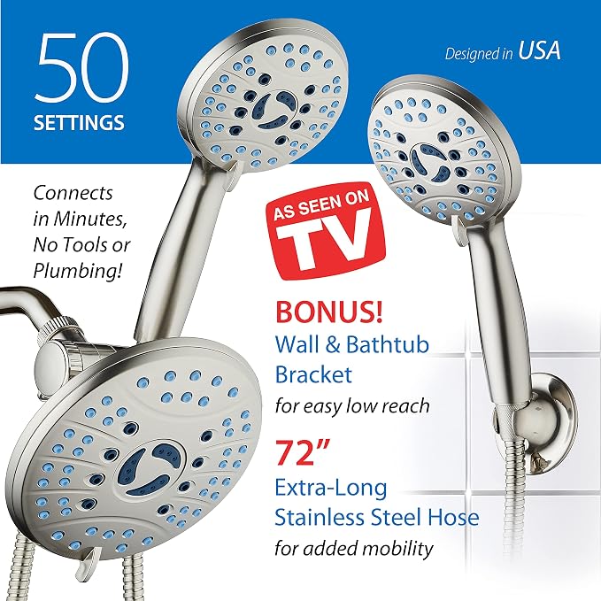 AquaCare 50-mode High Pressure 7 inch Shower Head Combo w/Dual Power Wash | Hygienic Jets, 2-mode Handheld Power Wash for Tub, Tile & Pets, Long 6 ft. Stainless Steel Hose, Extra Wall Bracket / Nickel