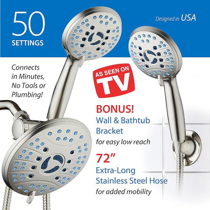 AquaCare 50-mode High Pressure 7 inch Shower Head Combo w/Dual Power Wash | Hygienic Jets, 2-mode Handheld Power Wash for Tub, Tile & Pets, Long 6 ft. Stainless Steel Hose, Extra Wall Bracket / Nickel