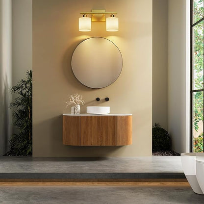 PARTPHONER Bathroom Light Fixtures, Bathroom Lighting Fixtures Over Mirror, Interior Classic Vanity Lights, Modern Vanity Light with Textured White Glass Shade, Brushed Gold, 2-Light