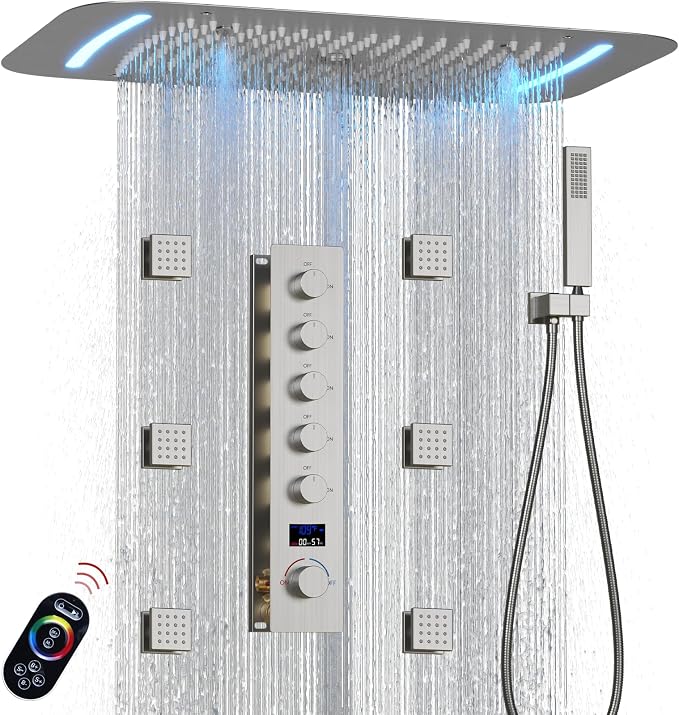3 Functions Shower Head System Brushed Nickel Shower Faucet Set | 16X26 inch Ceiling Shower, 6 Body Jet, Handheld Shower, Temperature Display, 5 Functions Can All Run Together