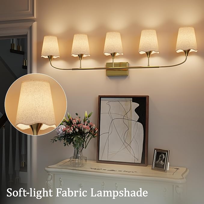 Morauroral Bathroom Light Fixtures Over Mirror, 5 Light Vanity Light for Bathroom, Gold Vanity Light Fixtures with Fabric Linen Shade, E26 Socket Sconce Wall Decor(ETL Listed)
