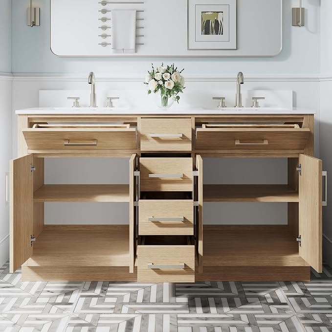 60-Inch Bathroom Vanity with Double Sinks W/ 4 Doors & 4 Drawers & 2 Flip Drawers, Oak Vanity W/Brushed Nickel Handles