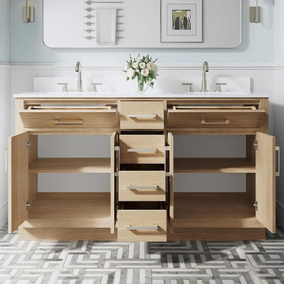 60-Inch Bathroom Vanity with Double Sinks W/ 4 Doors & 4 Drawers & 2 Flip Drawers, Oak Vanity W/Brushed Nickel Handles
