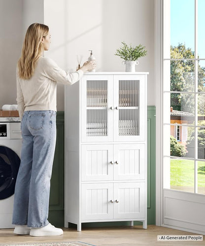 Akxomel 43.3'' H Bathroom Storage Cabinet with 6 Doors Adjustable Shelf | Bathroom Floor Cabinet, Linen Cabinet with Transparent Doors, Modern Bathroom Cabinet, Living Room, Kitchen, White
