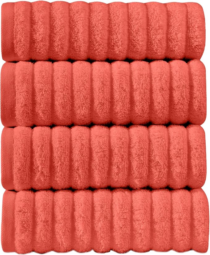 Elegant Comfort Luxury 100% Turkish Cotton Corduroy Ribbed 4 Pack Hand Towel Set 16 x 28 Inch - Absorbent, Super Soft, Quick Dry, Premium Towels for Bathroom, Gym, Spa and Hotel Use, Coral