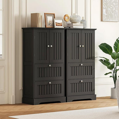 Treocho Bathroom Floor Cabinet with 2 Drawers and Adjustable Shelf | Bathroom Storage Cabinet, Freestanding Cupboard Pantry for Kitchen, Living Room, Dining Room, Black