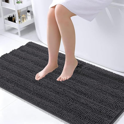 OLANLY Thick Large Bathroom Rugs 45x27, Soft Chenille Bath Rugs, Dark Grey | Absorbent Striped, Rubber Backing, Machine Wash Dry, Bath Mats for Bathroom Floor, Tub and Shower, Home Decor Accessories