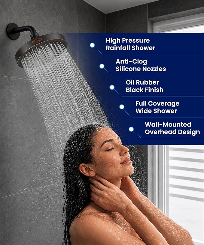 GURIN Shower Head - Luxury Oil Rubbed Black Finish - Rain Showerhead 6 Inch | High Pressure Shower Heads with Adjustable Angles, 90 Anti-Clog Nozzles, Tool-Free 1-Min Install