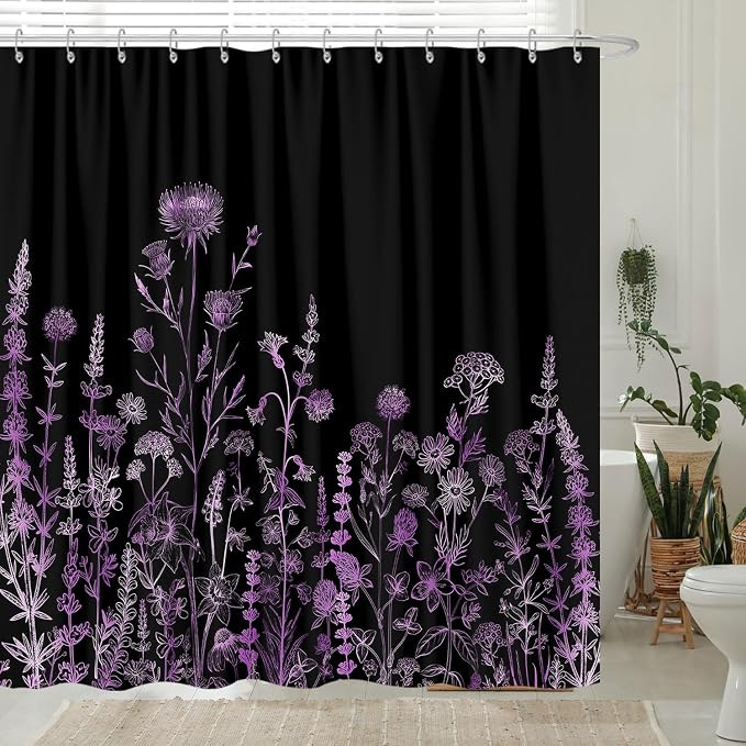 Vintage Black and Purple Boho Shower Curtain, Black Violet Floral Aesthetic Dark Wildflower Botanical Flowers Shower Curtain for Bathroom with Hook, Farmhouse Plant Art Chic Shower Curtain 72X72