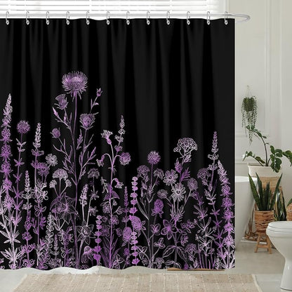 Vintage Black and Purple Boho Shower Curtain, Black Violet Floral Aesthetic Dark Wildflower Botanical Flowers Shower Curtain for Bathroom with Hook, Farmhouse Plant Art Chic Shower Curtain 72X72