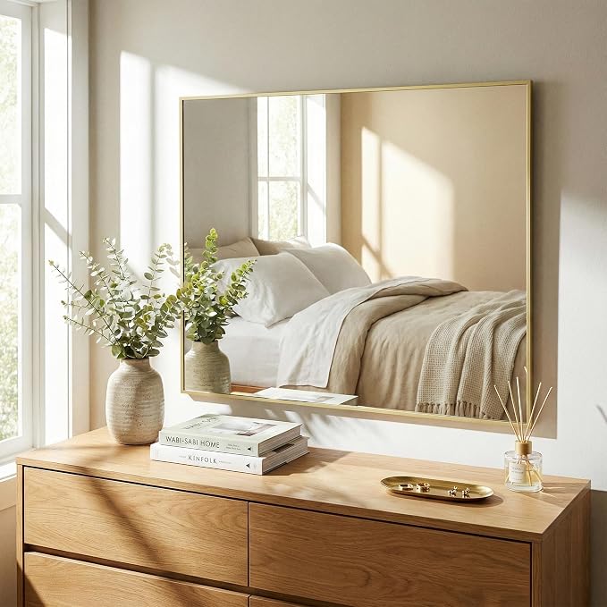 30"x36" Satin Gold Framed Rectangle Bathroom Vanity Wall Mirror | Over-Sink Vanity Mirror, Slim Metal Frame, Entryway or Dresser Use, Vertical/Horizontal Mount, Tempered Glass