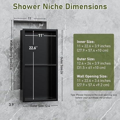 11x23 Inch Recessed Medicine Cabinet, Black Medicine Cabinet No Mirror, 304 Stainless Steel Bathroom Wall Niche Cabinet with 2-Tier for Bathroom, Living Room