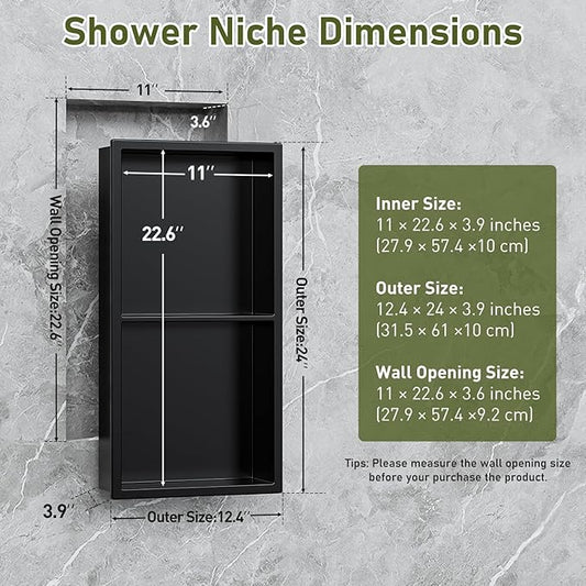 11x23 Inch Recessed Medicine Cabinet, Black Medicine Cabinet No Mirror, 304 Stainless Steel Bathroom Wall Niche Cabinet with 2-Tier for Bathroom, Living Room