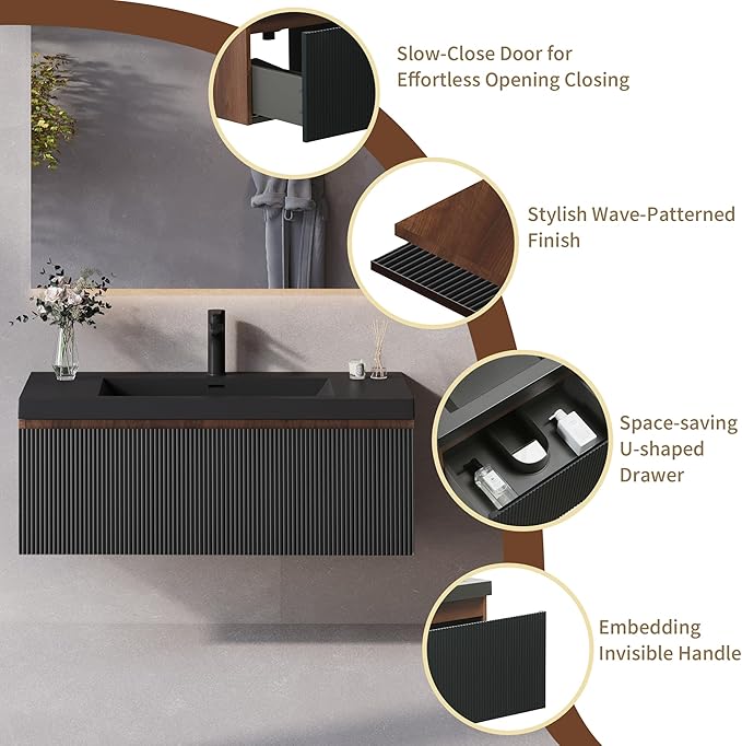 42'' Floating Bathroom Vanity with Sink Combo, Modern Wall-Mounted Striped Bathroom Storage Cabinet with Soft-Close Drawers and Black Quartz Sand Basin, No Assembly Required